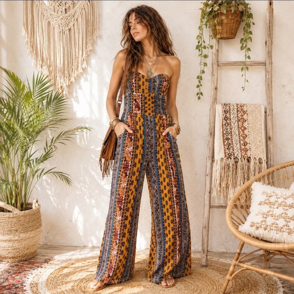 Size Xl Boho Hippie Strapless Pants Jumpsuit Yellow Floral Romper With Pockets